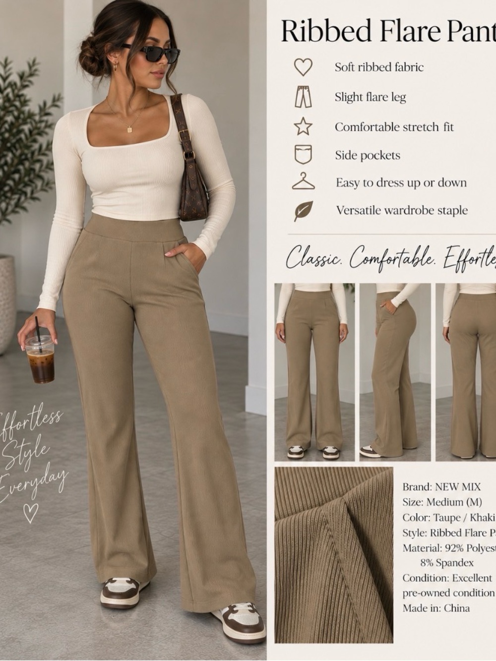 NEW MIX Taupe Ribbed Flare Pants – Size M